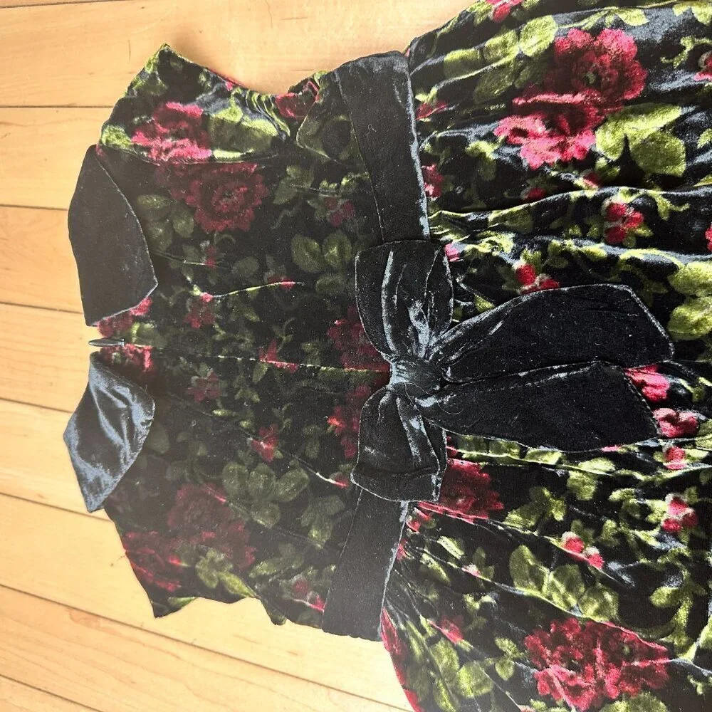 GYMBOREE Red Black Green Velvet Floral Lined Dress Size 18-24 months